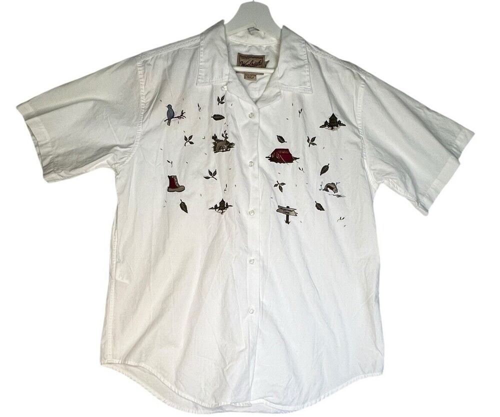 Vintage Woolrich Womens Embroidered Short Sleeve Button Shirt Hiking Camping L